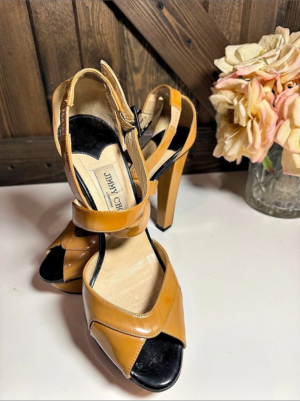 Jimmy Choo Patent Platform Ankle Strap Heels Brown & Black EU 37